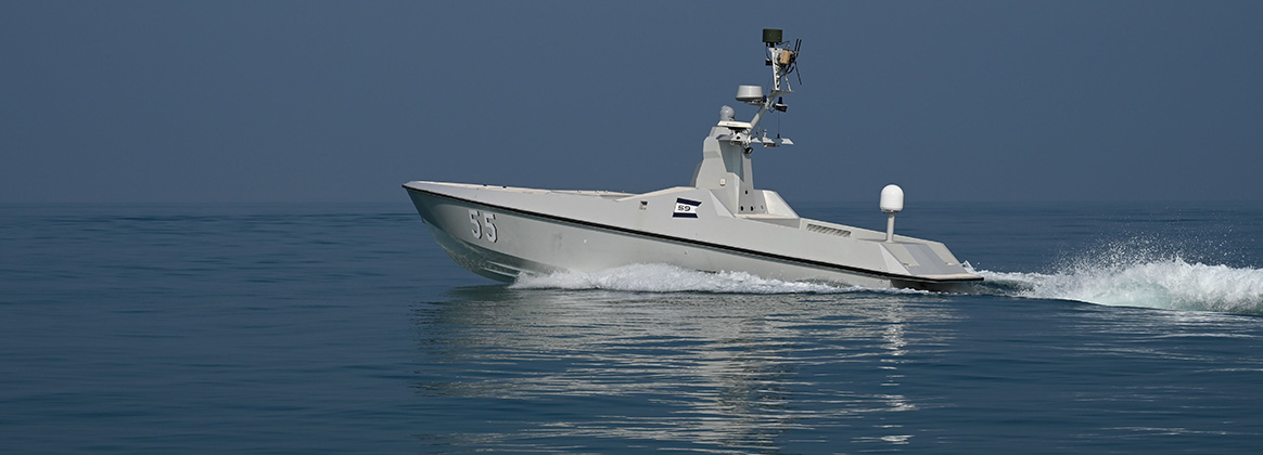 An L3 Harris Arabian Fox MAST-13 unmanned surface vessel sails in the Arabian Gulf, Jan. 22, 2023